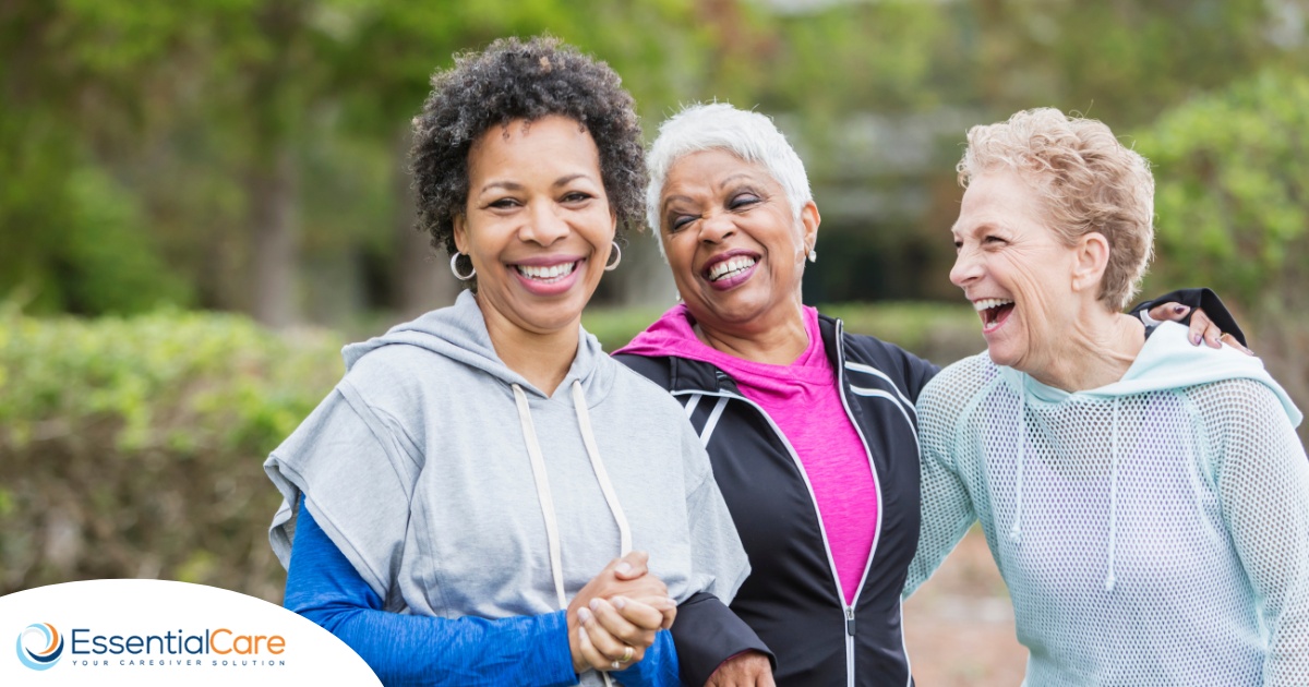 3 older women enjoy their time staying active together representing how a longer healthspan can help with staying active and engaged longer.