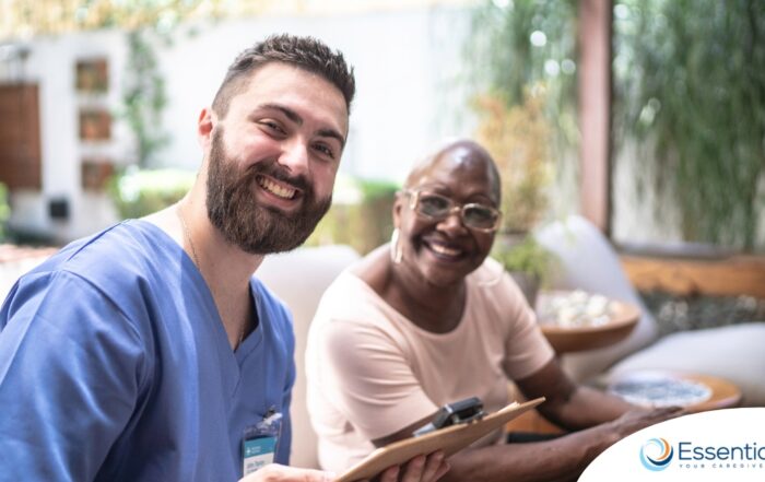 A caregiver and client smile showing that a career as a caregiver can be rewarding.