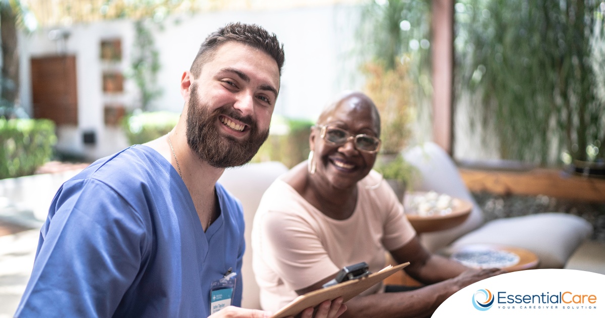 A caregiver and client smile showing that a career as a caregiver can be rewarding.