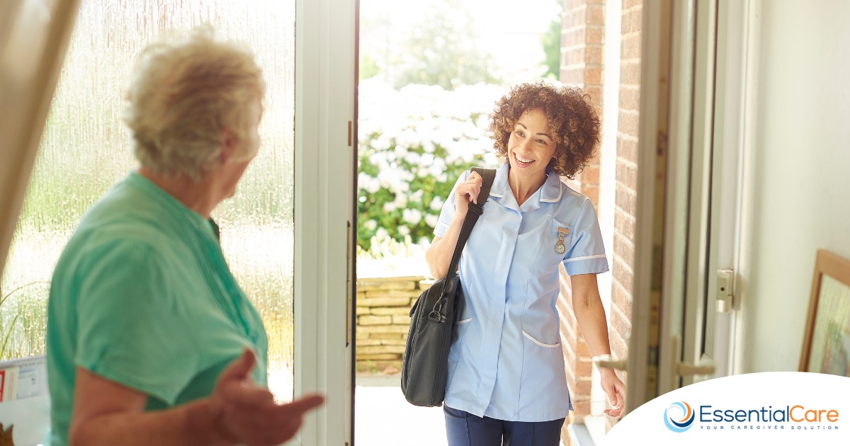 A caregiver comes in to see a client at home representing senior home care and the services offered.