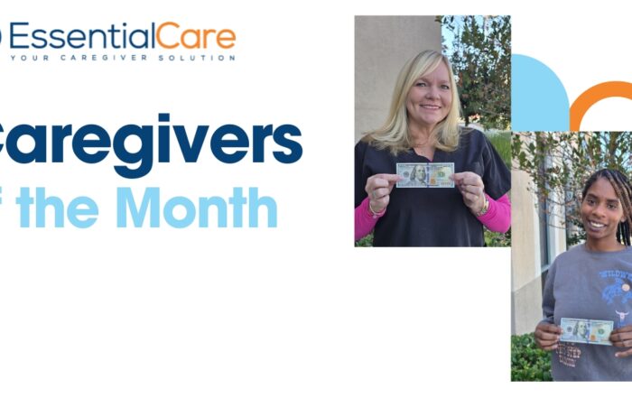 Two Essential Care caregivers proudly holding recognition awards for being selected as Caregivers of the Month.