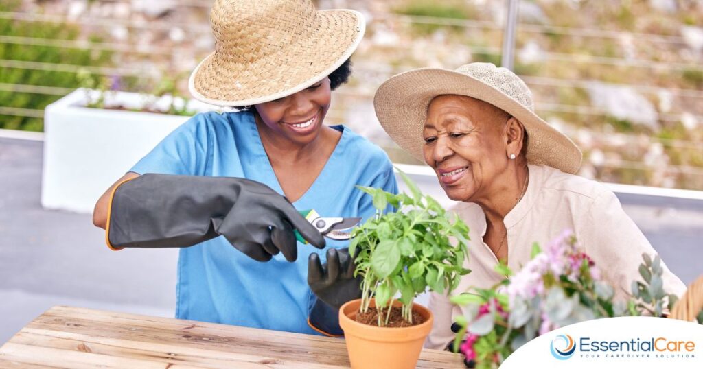 Caregiver and Senior gardening as part of companion care activities.