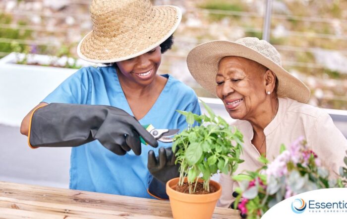 Caregiver and Senior gardening as part of companion care activities.