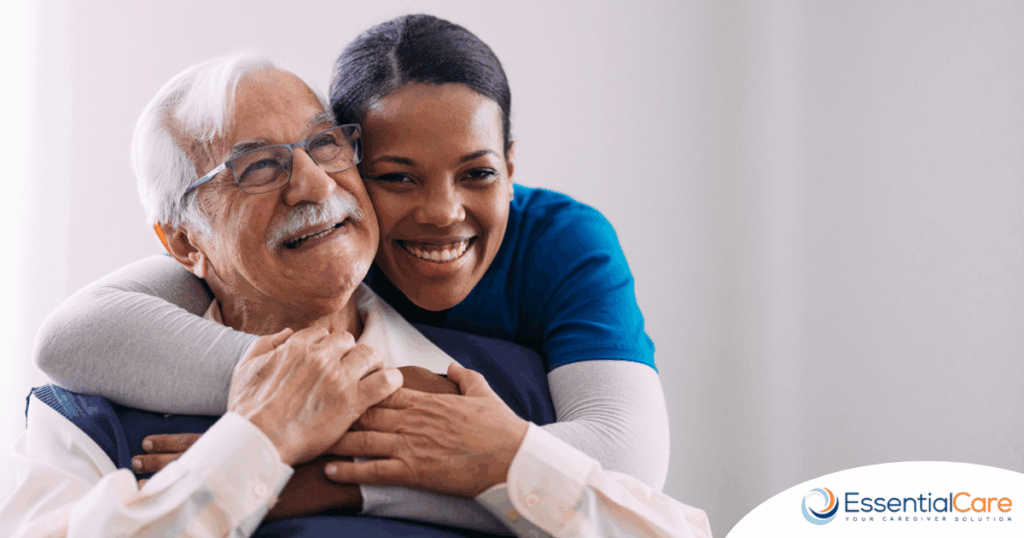 a graphic showing What a Week of Elder Care at Home Really Looks Like with a smiling caregiver and client