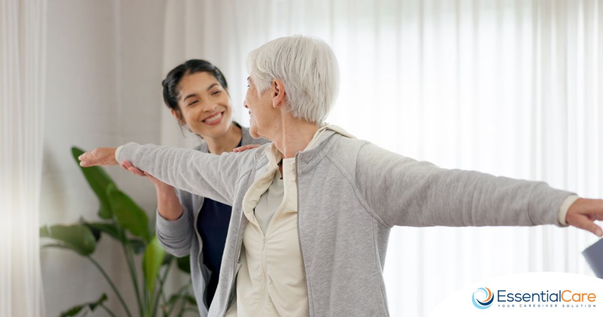 A caregiver and senior practice tai chi as one of many enriching activities for seniors at home.