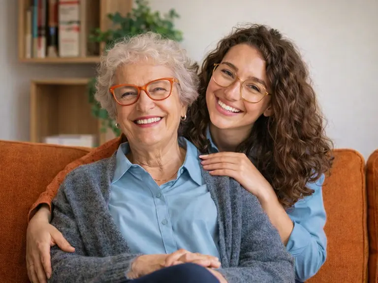 Smiling senior woman with gray curly hair and orange glasses sitting on an orange sofa, embraced by a female caregiver companion in a blue shirt in a warm home setting